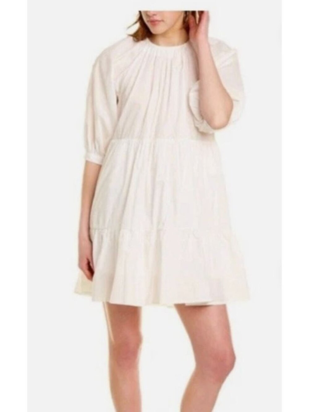 NWT Beulah Style White Tiered Puff Sleeve Dress With Cutout Bow Detail Size M